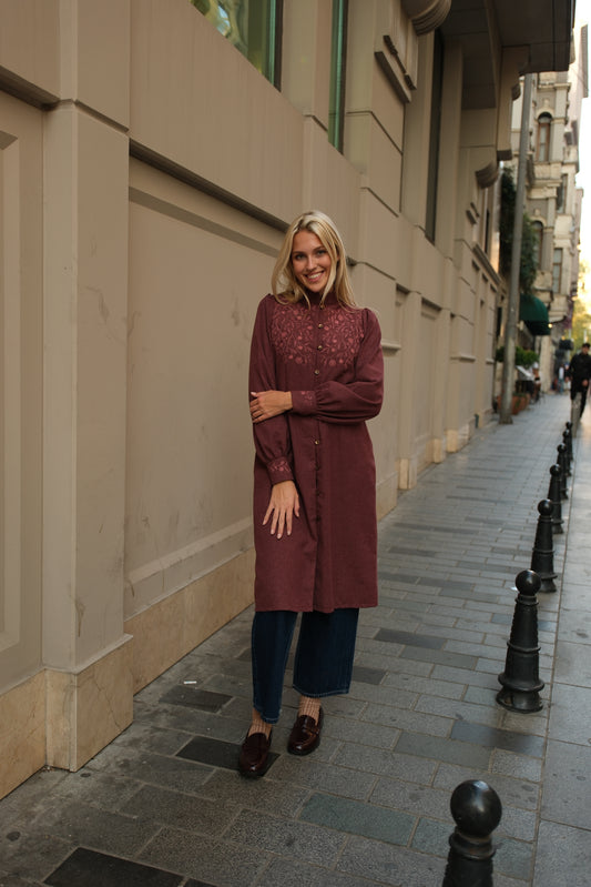 Ada Tunik Bordo – Pamuklu Flanel Tunik, tesettür