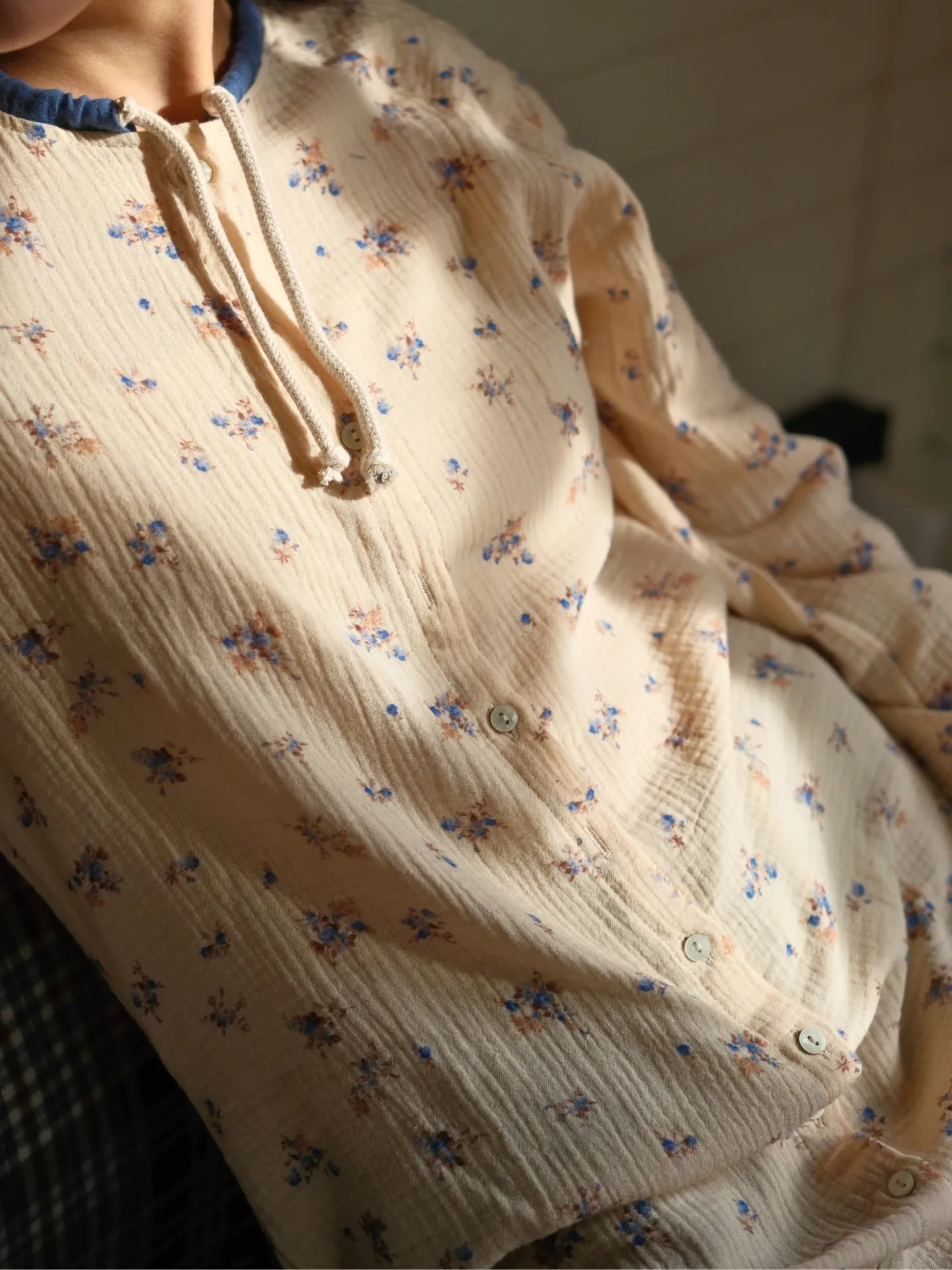 Çıtır Çiçek Desenli Pamuklu Müslin Tunik Mavi