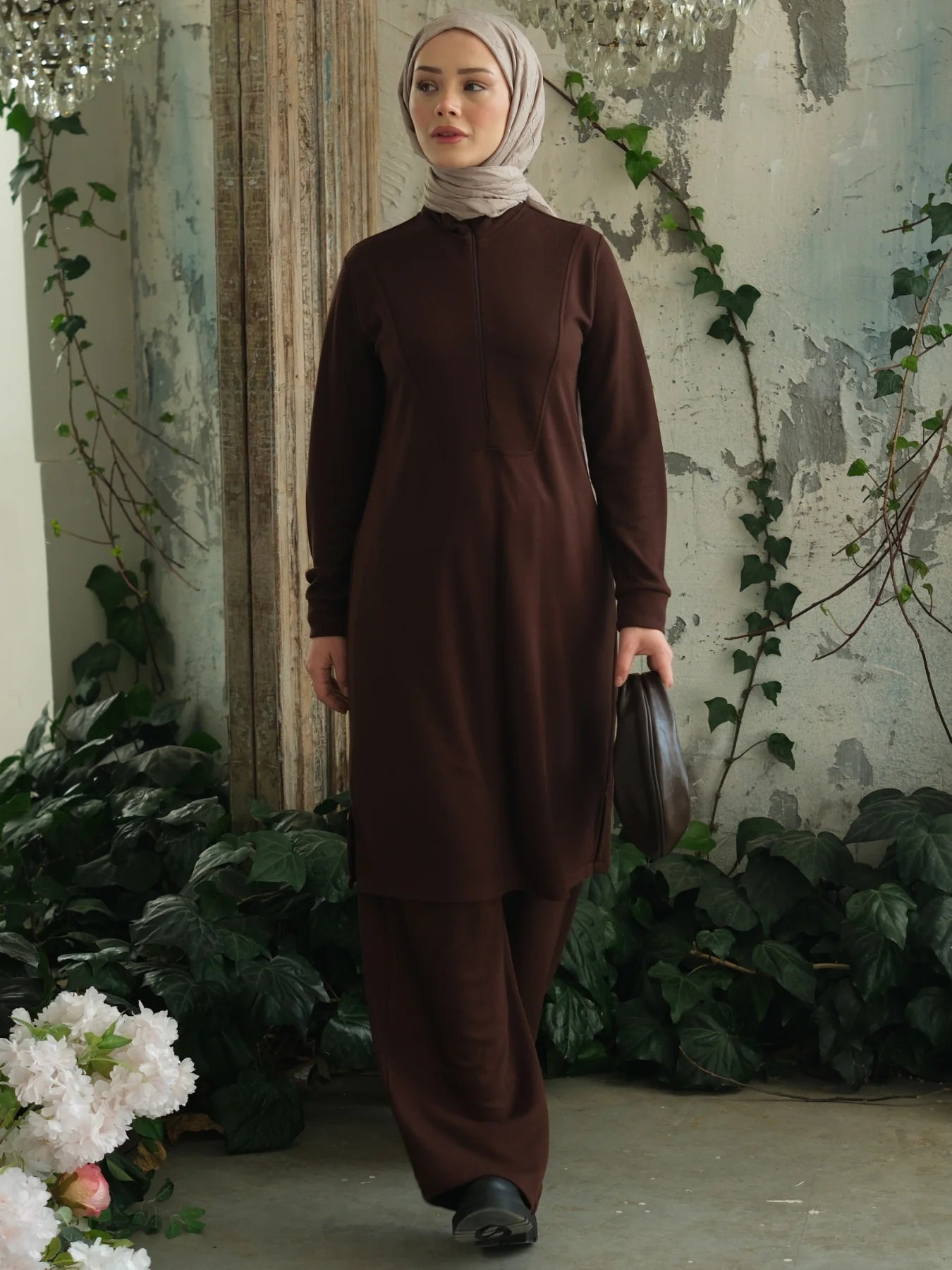 Yakası Fermuarlı Viskon Triko Tunik Kahverengi