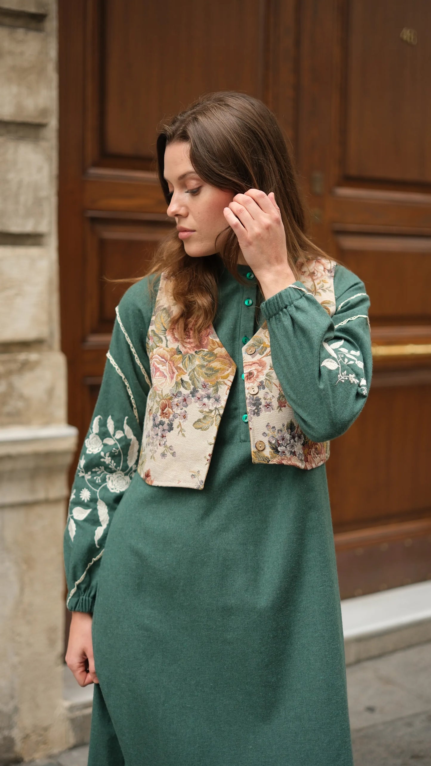 Lavinya Elbise + Goblen Yelekli Takım Petrol