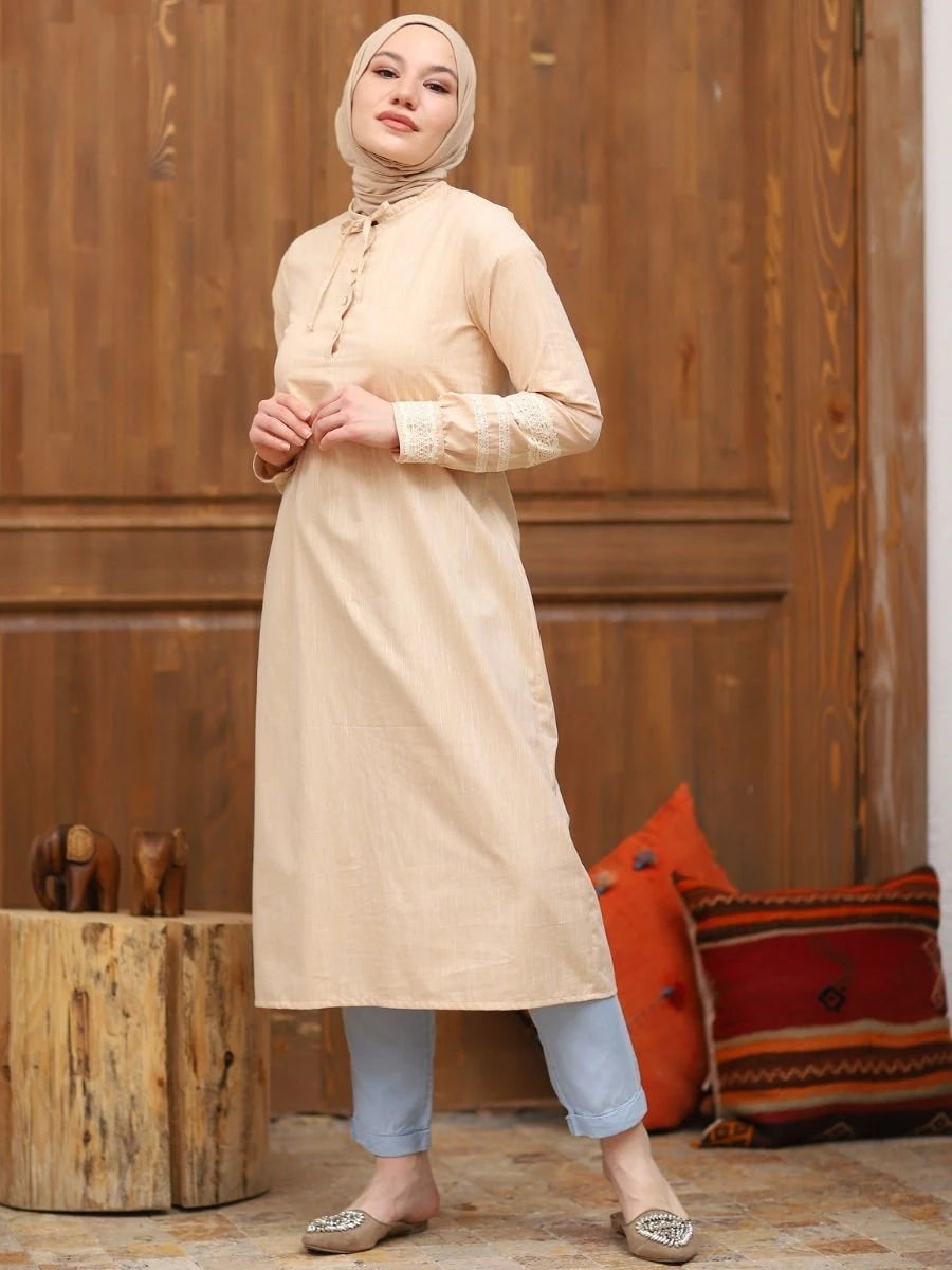 Kolu Dantelli Tunik Krem