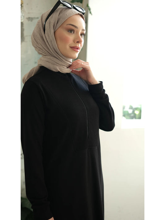 Yakası Fermuarlı Viskon Triko Tunik Siyah