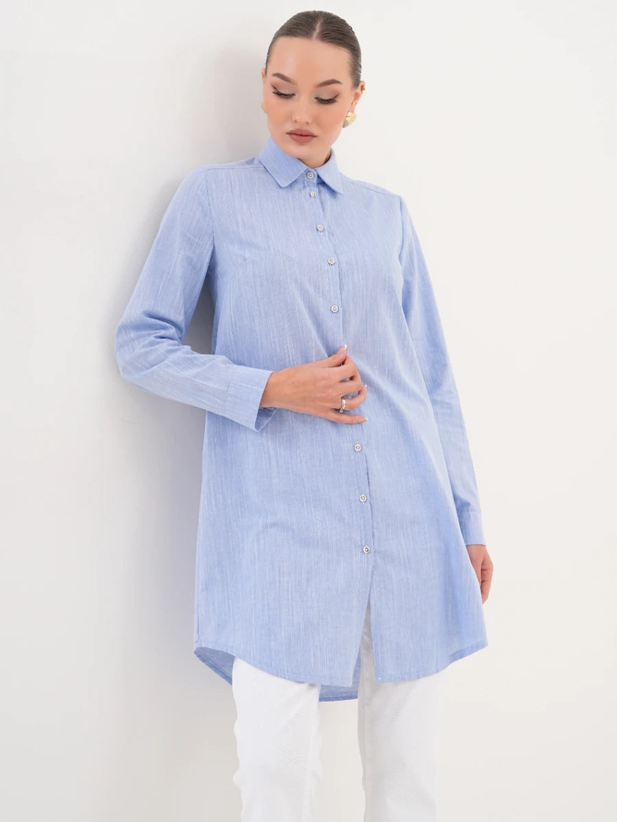 Basic Pamuklu Gömlek Mavi + Şal Hediyeli