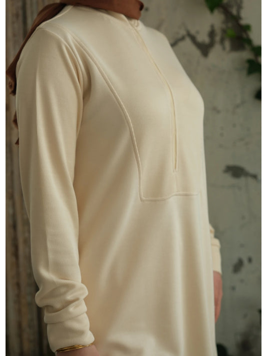 Yakası Fermuarlı Viskon Triko Tunik Ekru