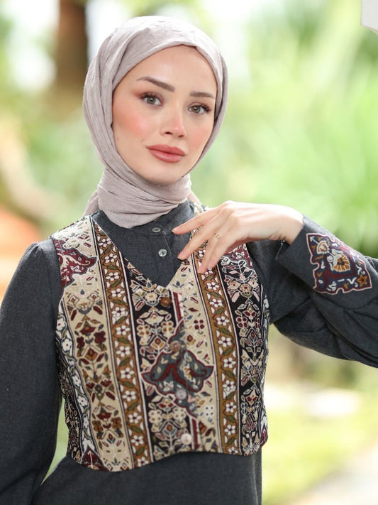 Goblen Yelekli Elbise Takım Siyah