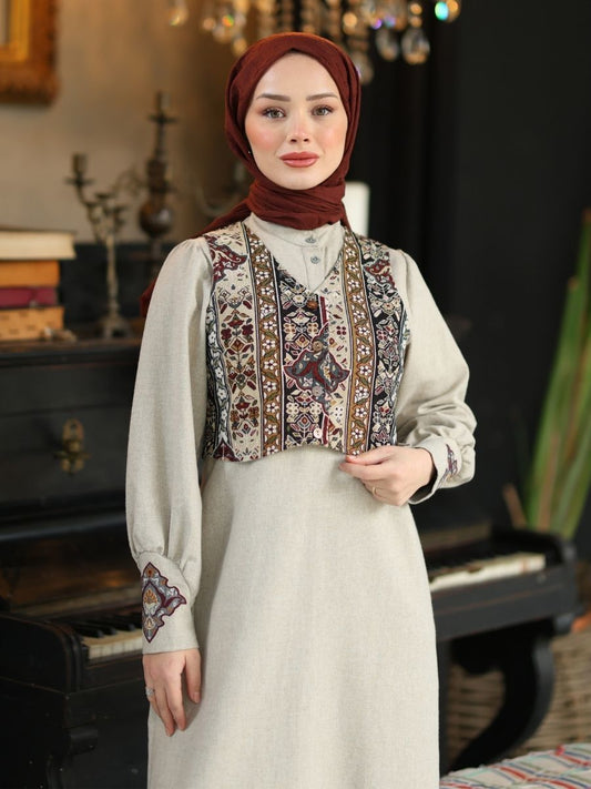 Goblen Yelekli Elbise Takım Taş