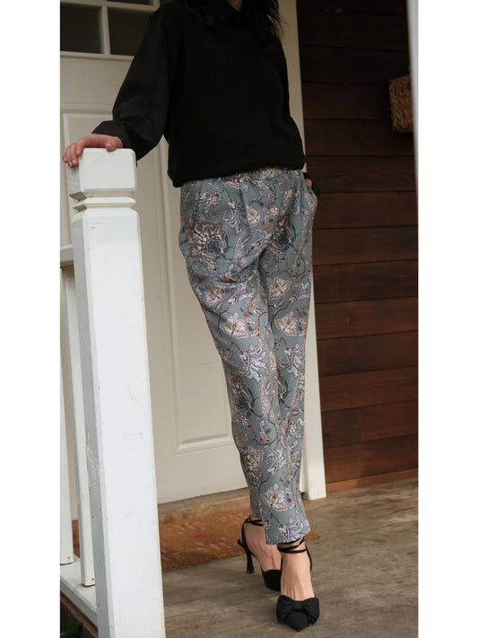 Şal Desenli Beli Lastikli Cepli Pantolon Yeşil