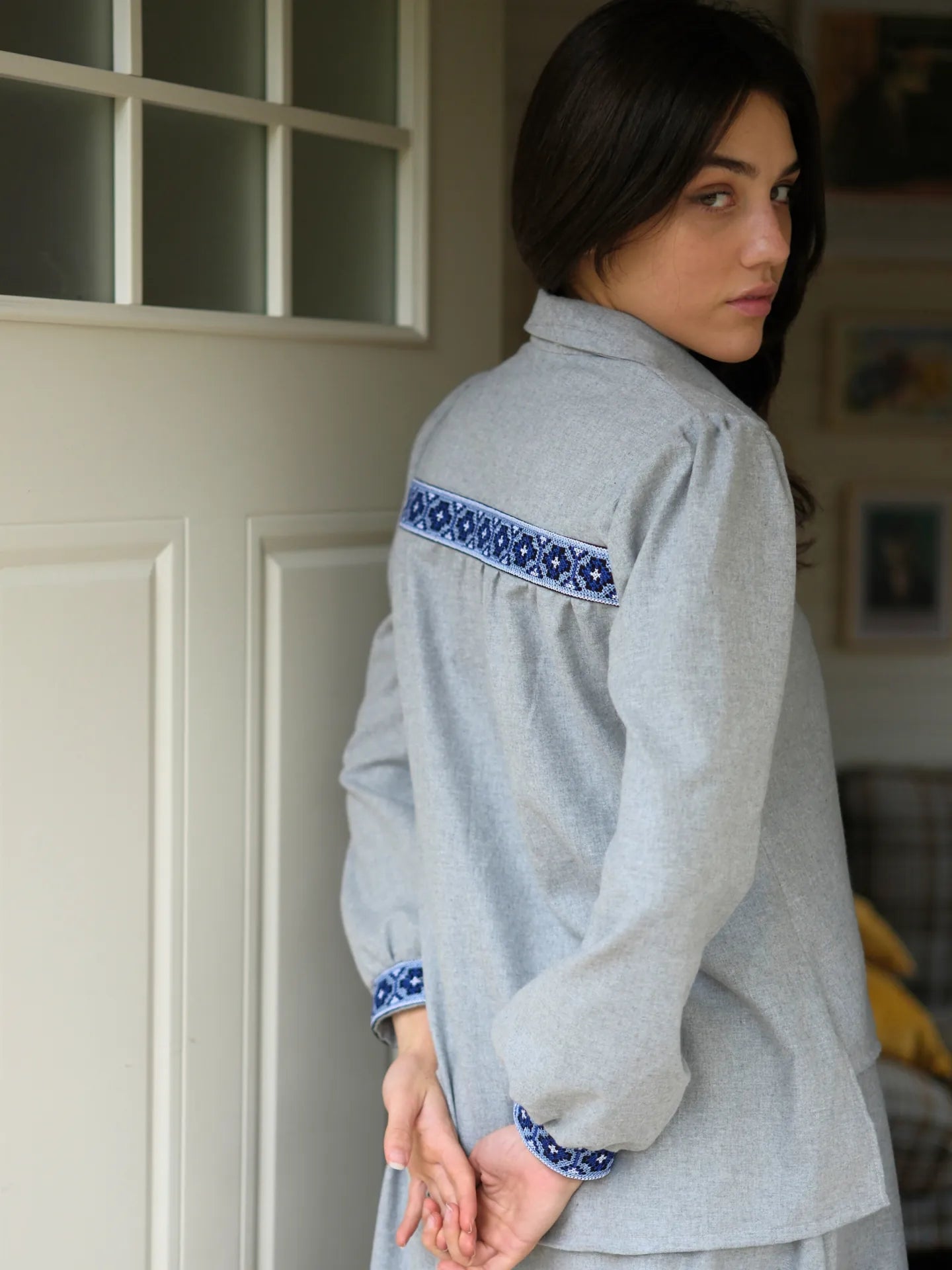 Etamin Nakışlı Pamuk Flanel Takım Gri