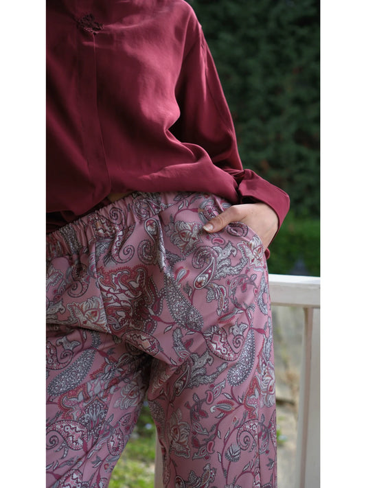 Şal Desen Beli Büzgülü Pantolon Gül Kurusu