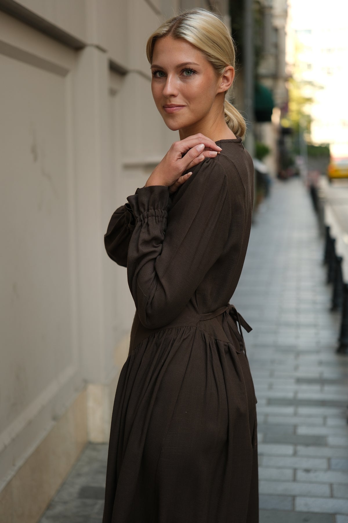 Anna Elbise Kahverengi – Pamuk Viskon Elbise