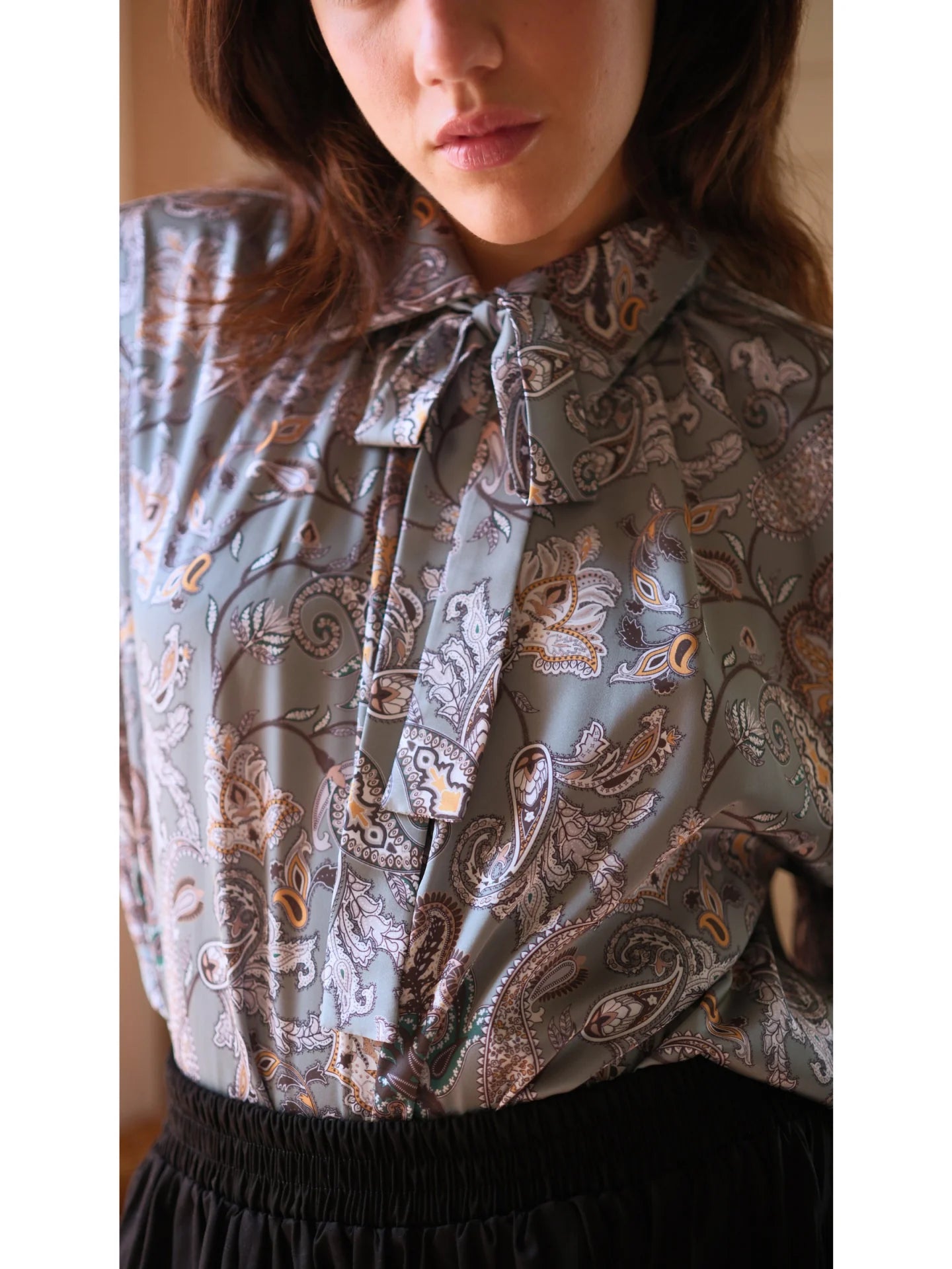 Şal Desen Saten Bluz Yeşil