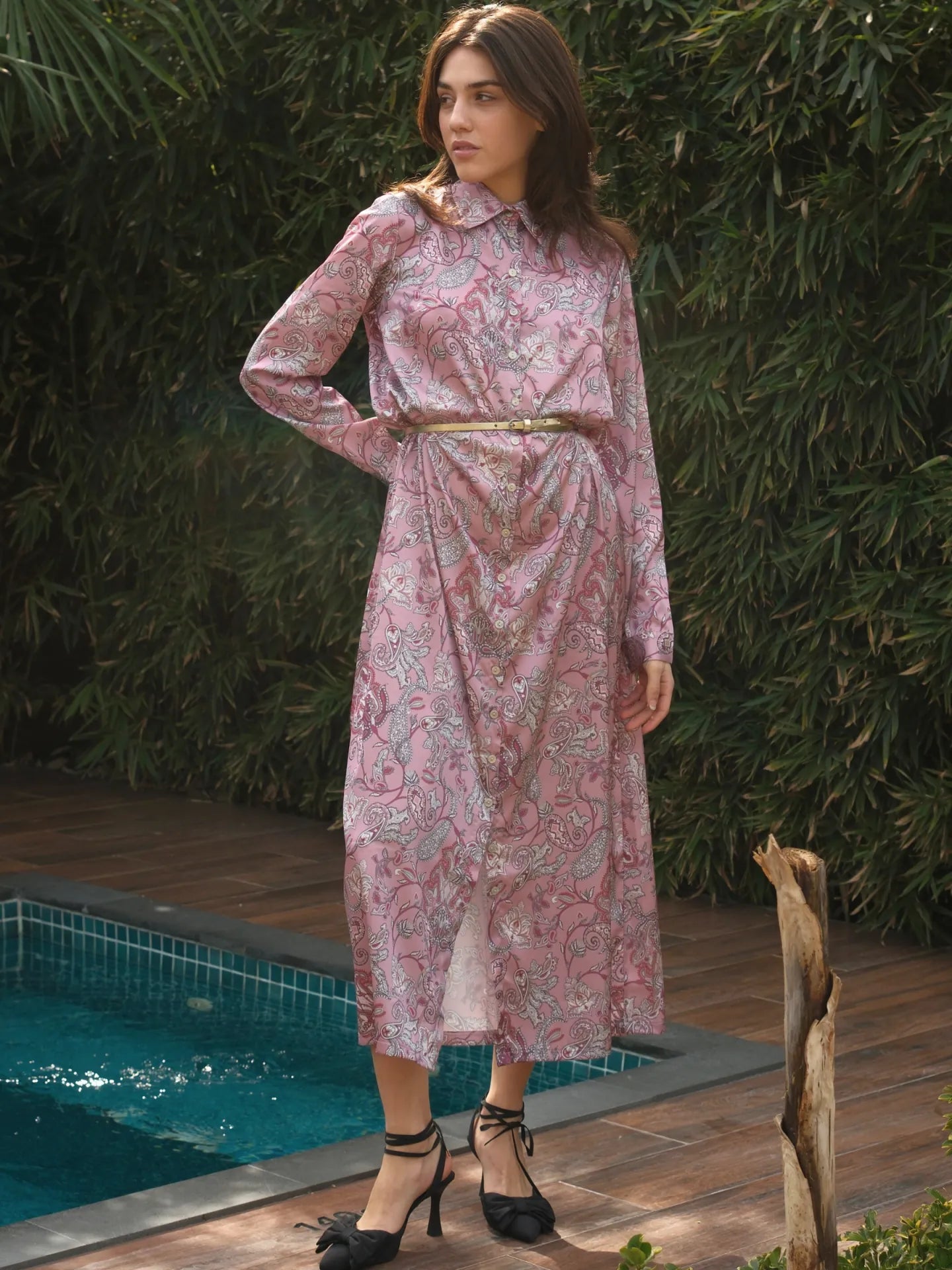 Şal Desen Önü Düğmeli Saten Uzun Boy Elbise Gül Kurusu