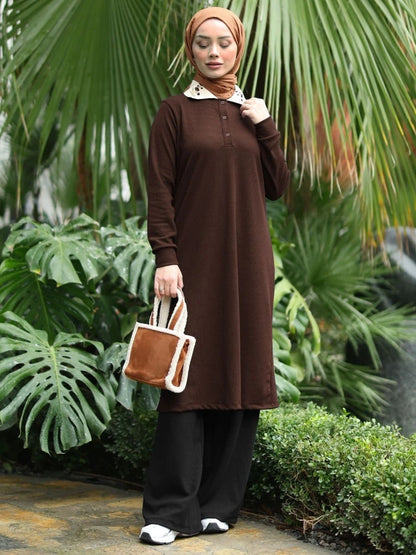 Polo Yaka Kaşkorse Tunik Kahverengi