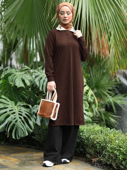 Polo Yaka Kaşkorse Tunik Kahverengi