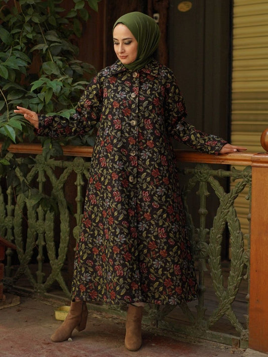 Çiçek Desenli Goblen Trençkot