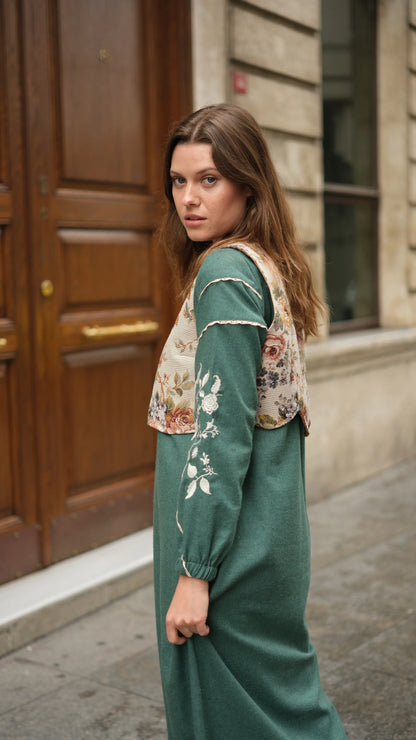 Lavinya Elbise + Goblen Yelekli Takım Petrol