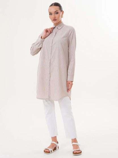 Basic Pamuklu Gömlek Bej + Şal Hediyeli