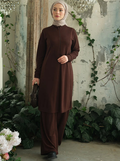 Yakası Fermuarlı Viskon Triko Tunik Kahverengi