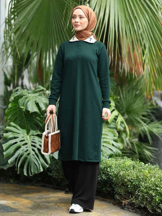 Polo Yaka Kaşkorse Tunik Zümrüt