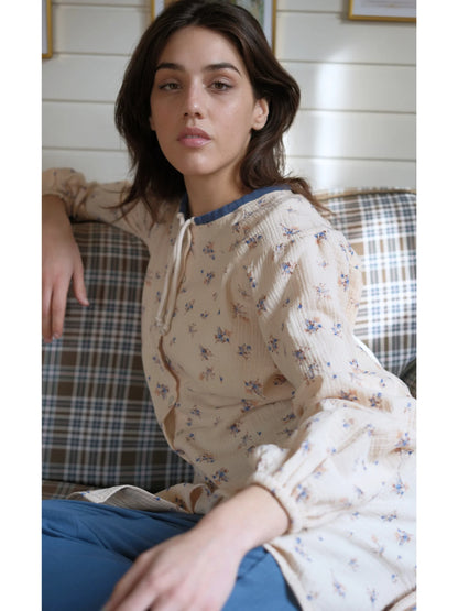 Çıtır Çiçek Desenli Pamuklu Müslin Tunik Mavi