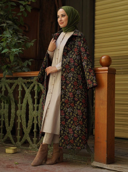 Çiçek Desenli Goblen Trençkot