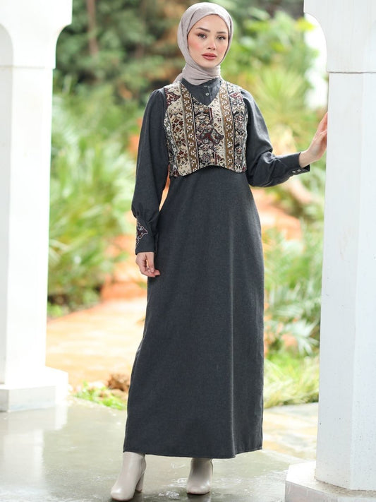 Goblen Yelekli Elbise Takım Siyah