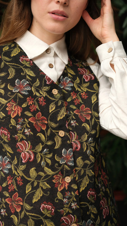 Çiçek Desenli Goblen Uzun Yelek