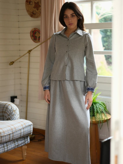 Etamin Nakışlı Pamuk Flanel Takım Gri