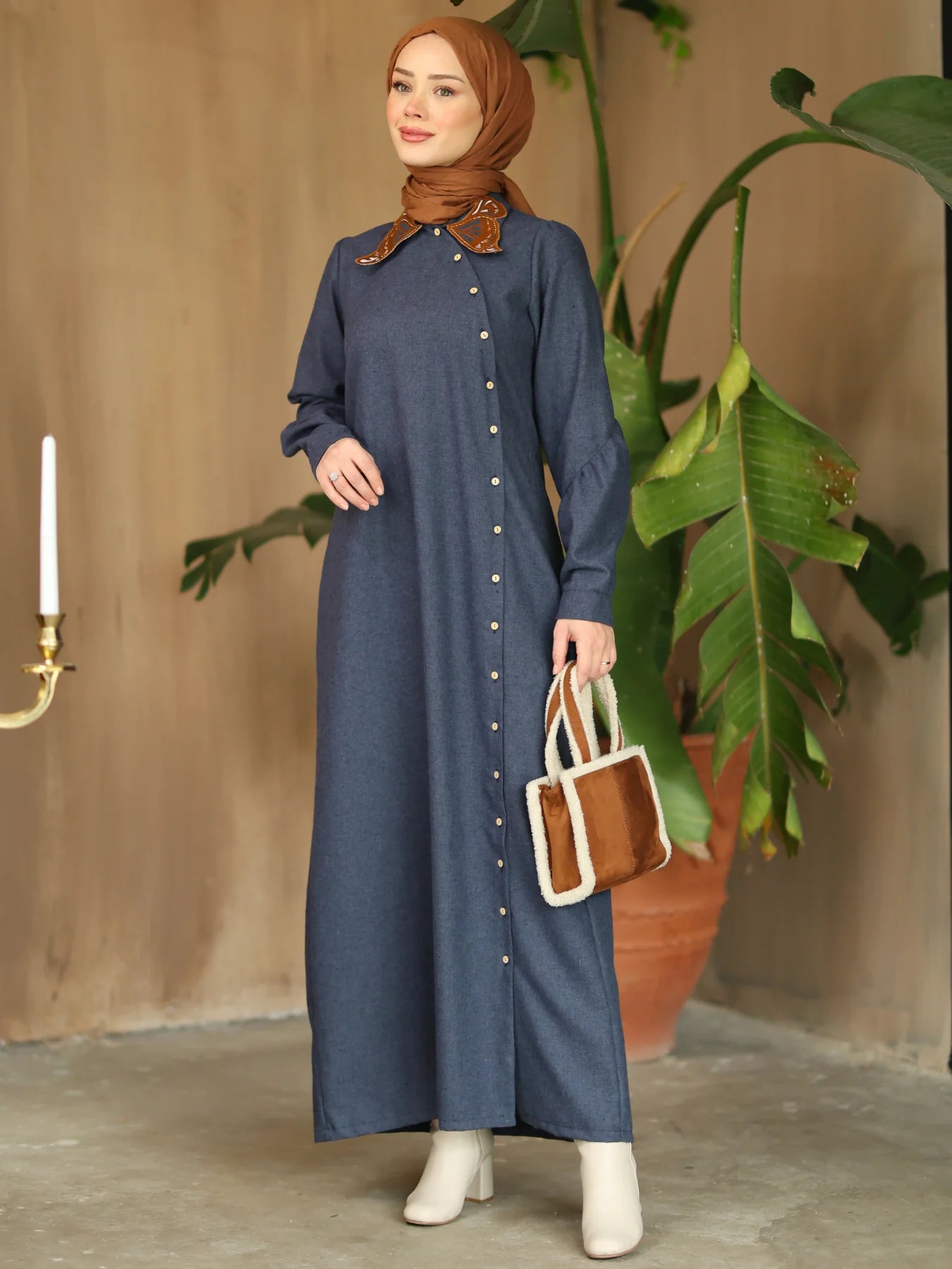 Kelebek Yaka Elbise Lacivert