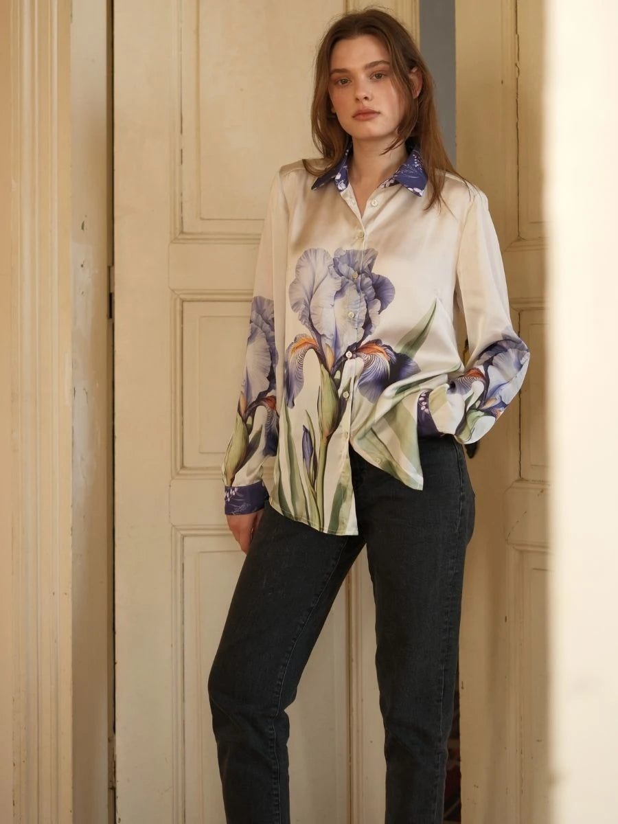 Menekşe Desen Saten Gömlek