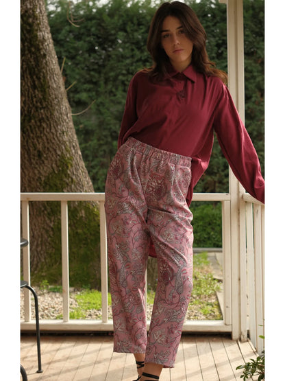 Şal Desen Beli Büzgülü Pantolon Gül Kurusu