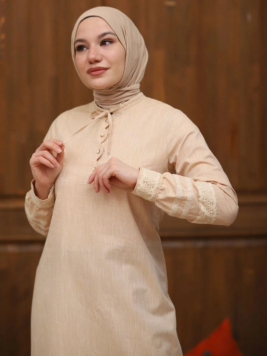 Kolu Dantelli Tunik Krem