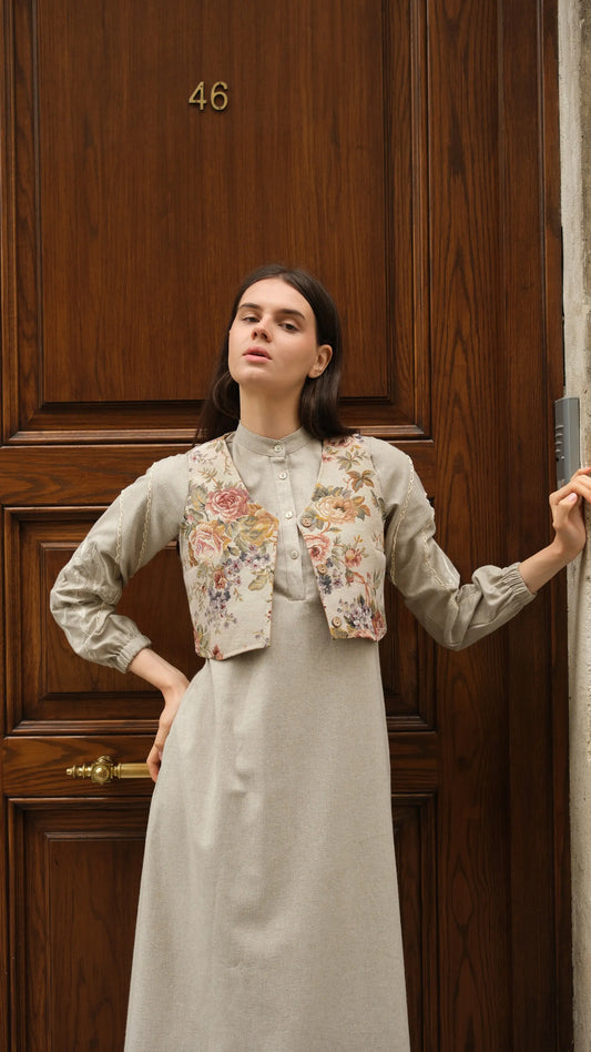 Lavinya Elbise + Goblen Yelekli Takım Bej