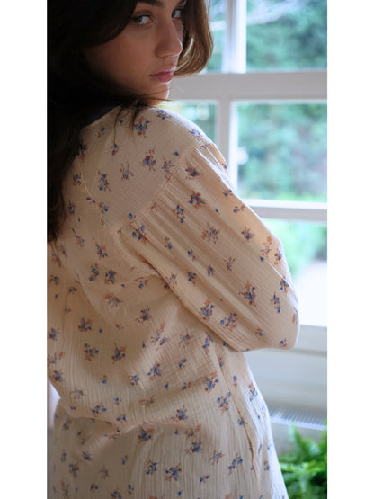 Çıtır Çiçek Desenli Pamuklu Müslin Tunik Mavi