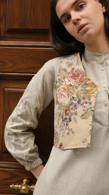 Lavinya Elbise + Goblen Yelekli Takım Bej