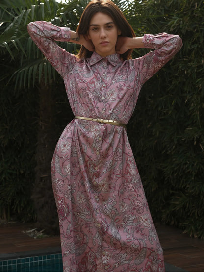 Şal Desen Önü Düğmeli Saten Uzun Boy Elbise Gül Kurusu