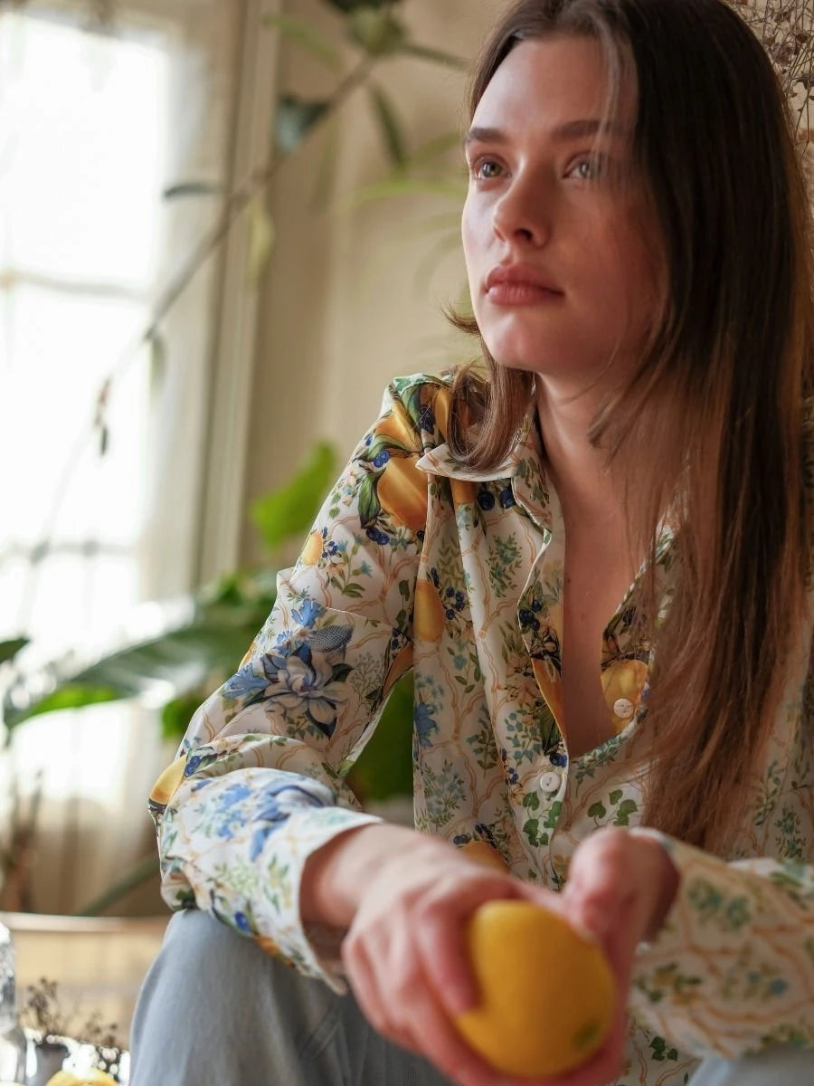 Limon Desenli Saten Gömlek