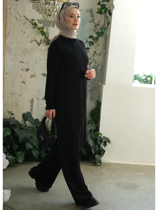 Yakası Fermuarlı Viskon Triko Tunik Siyah