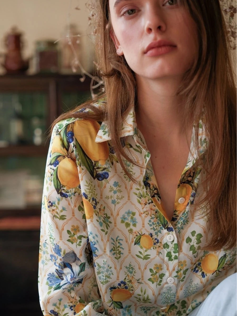 Limon Desenli Saten Gömlek