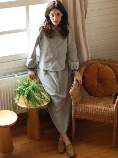 Etamin Nakışlı Pamuk Flanel Takım Gri