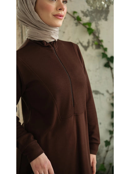 Yakası Fermuarlı Viskon Triko Tunik Kahverengi