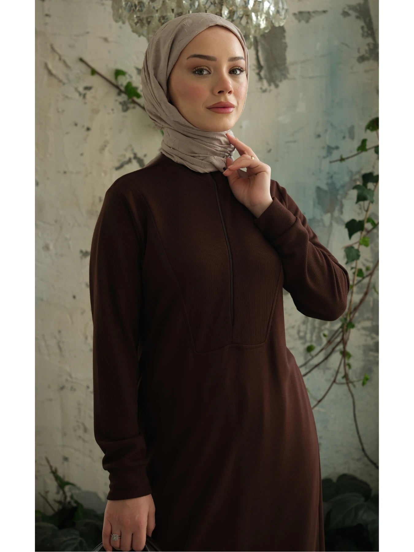 Yakası Fermuarlı Viskon Triko Tunik Kahverengi