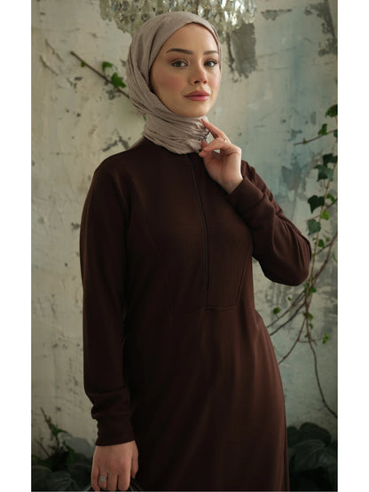 Yakası Fermuarlı Viskon Triko Tunik Kahverengi