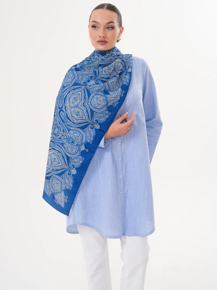 Basic Pamuklu Gömlek Mavi + Şal Hediyeli