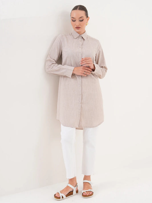 Basic Pamuklu Gömlek Bej + Şal Hediyeli