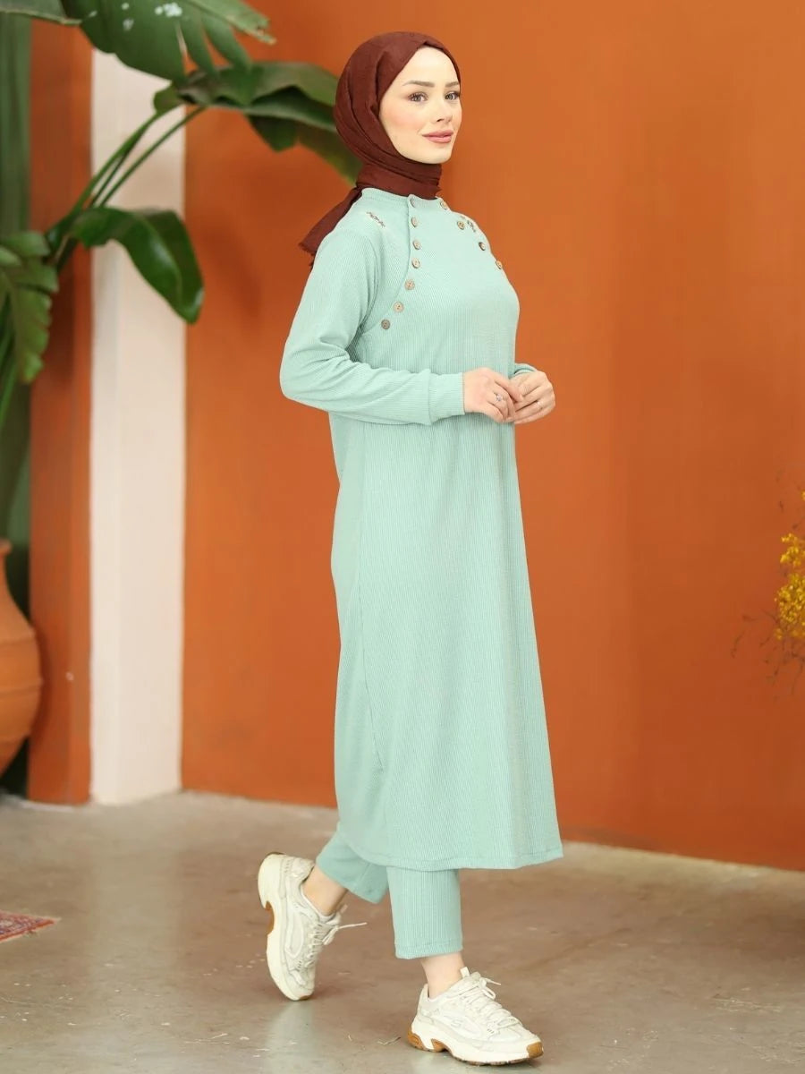 Düğmeli Triko Takım Nefti Yeşil