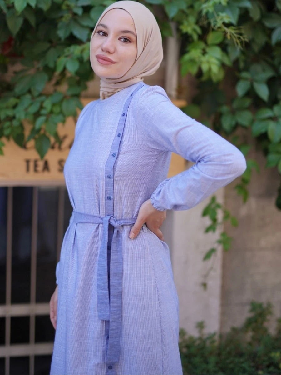 Kemerli Pamuk Tunik Mavi