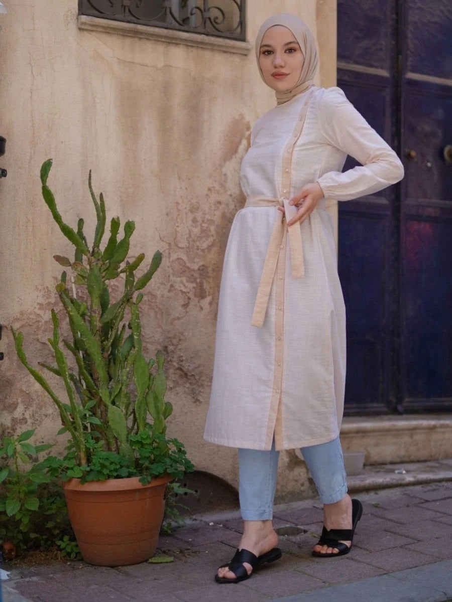 Kemerli Pamuk Tunik Krem