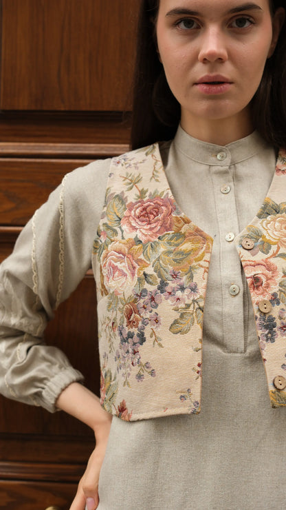 Lavinya Elbise + Goblen Yelekli Takım Bej