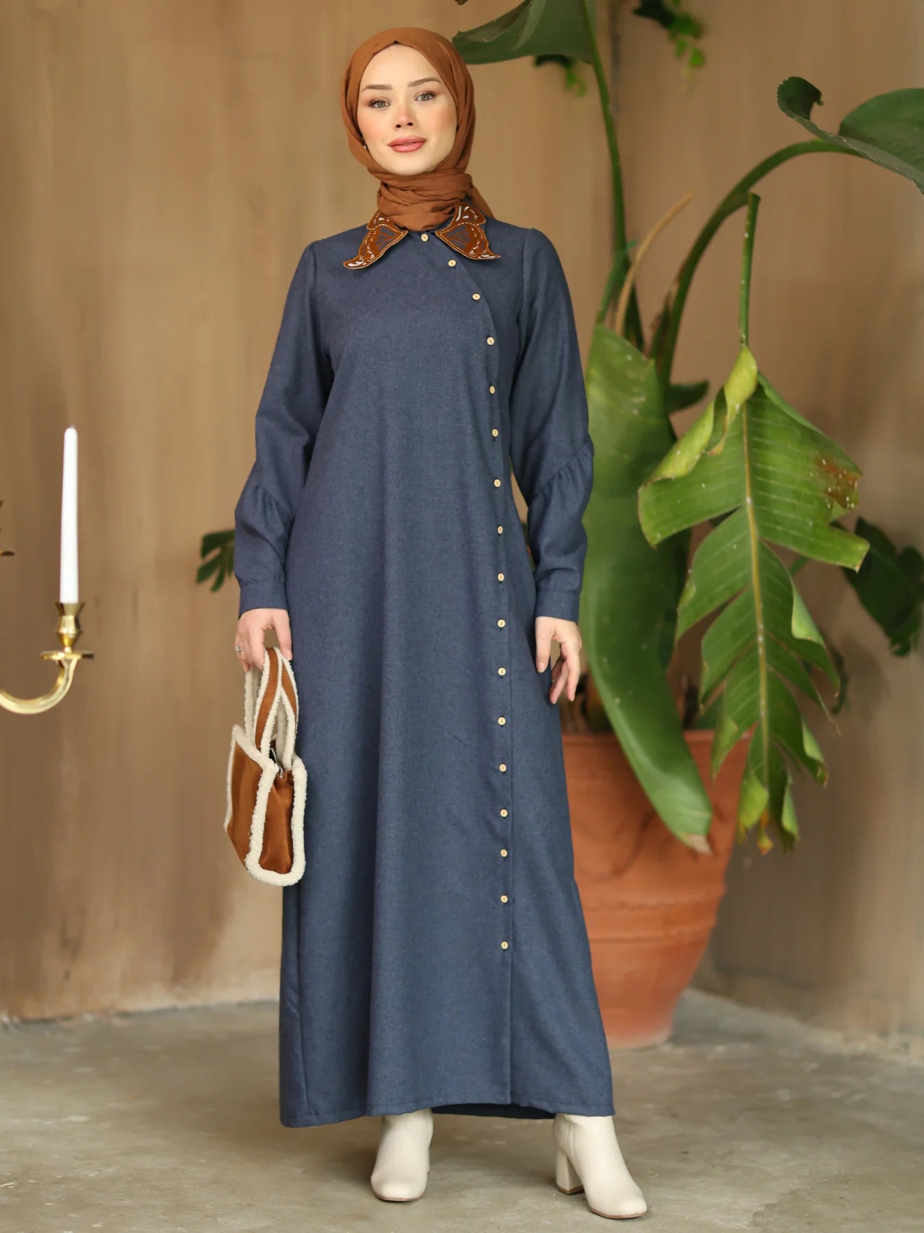 Kelebek Yaka Elbise Lacivert